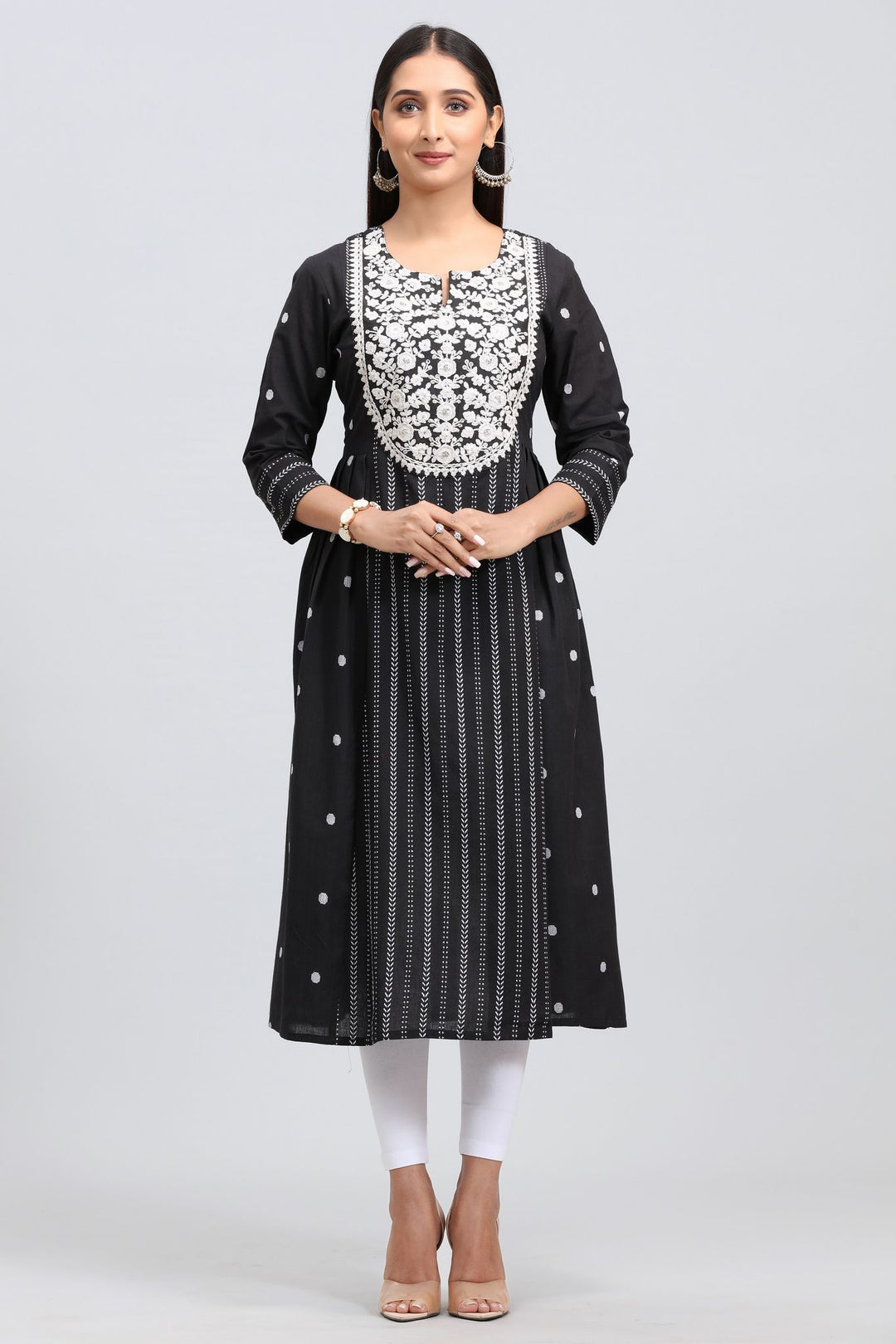 Black Cotton A Line Embroidered Yarndyed Kurta