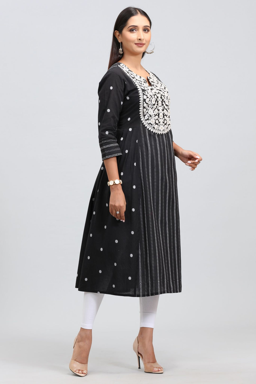 Black Cotton A Line Embroidered Yarndyed Kurta