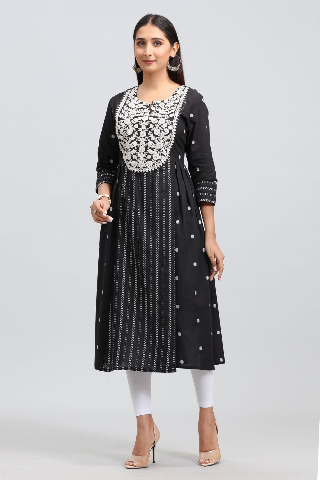 Black Cotton A Line Embroidered Yarndyed Kurta