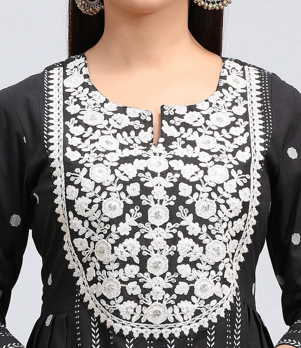 Black Cotton A Line Embroidered Yarndyed Kurta