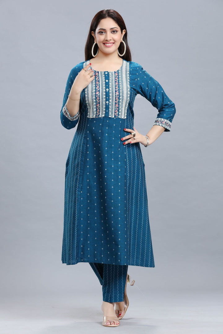 Blue Handloom A Line Embroidered Kurta Pant Co ord Set