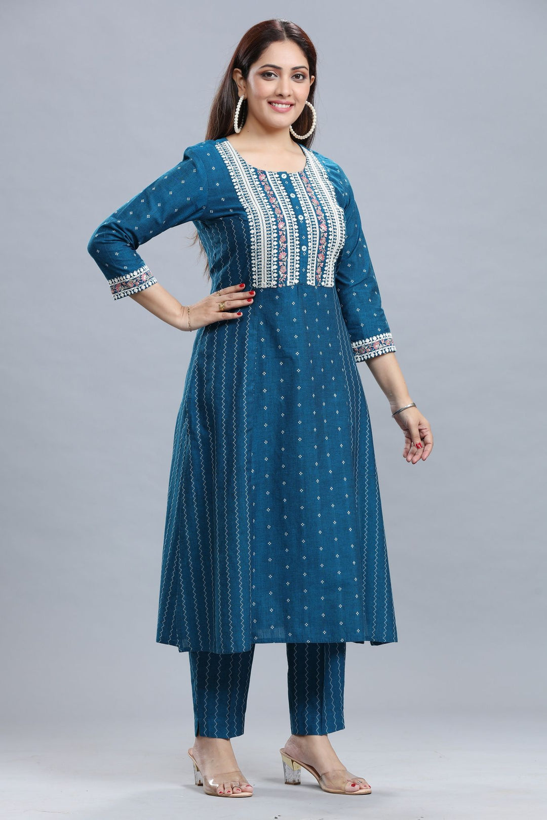 Blue Handloom A Line Embroidered Kurta Pant Co ord Set