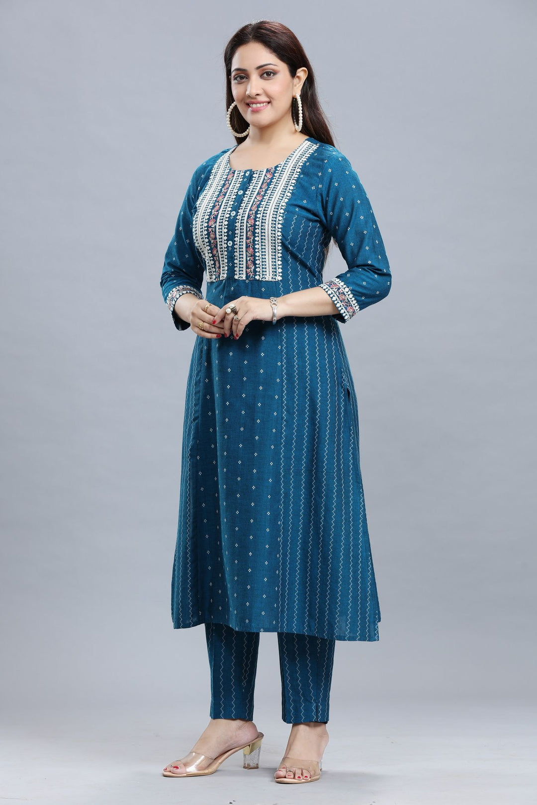 Blue Handloom A Line Embroidered Kurta Pant Co ord Set