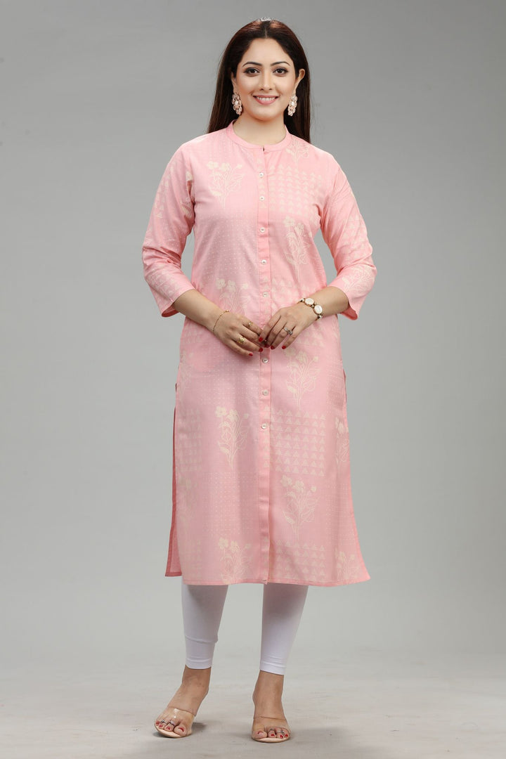 Light Peach Cotton Straight Printed Kurta