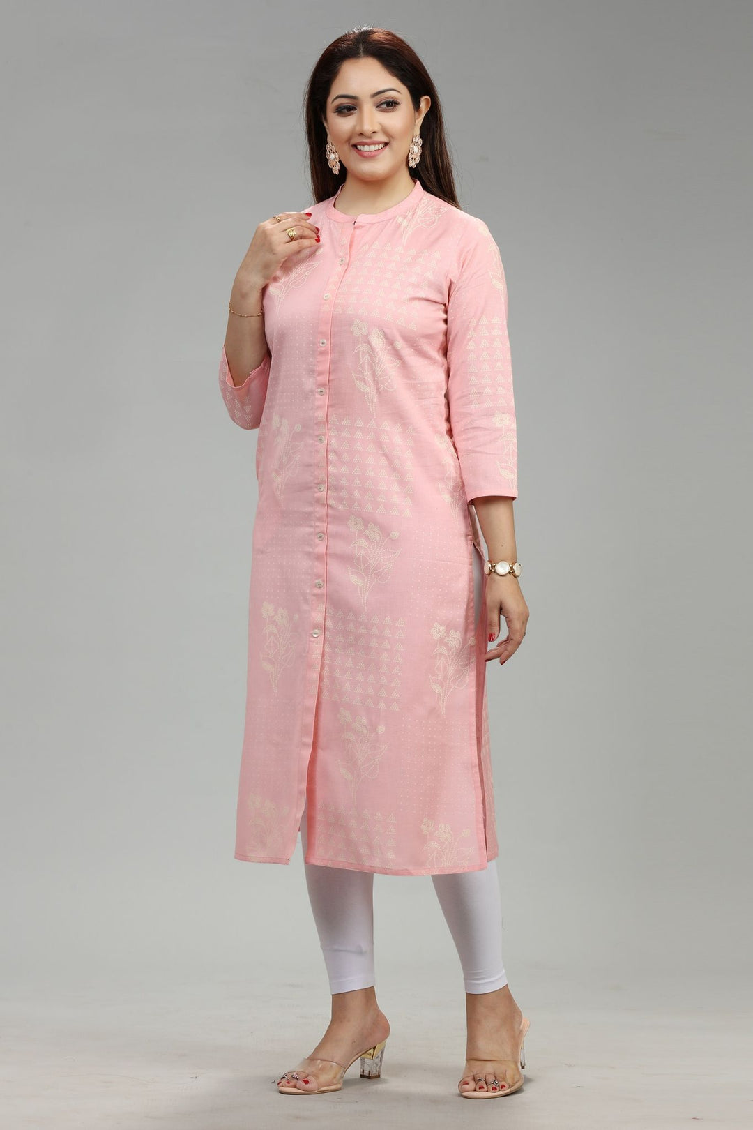 Light Peach Cotton Straight Printed Kurta