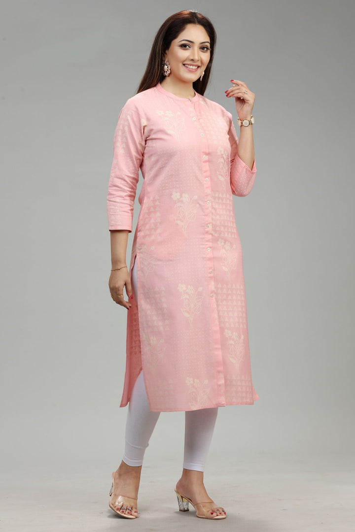 Light Peach Cotton Straight Printed Kurta