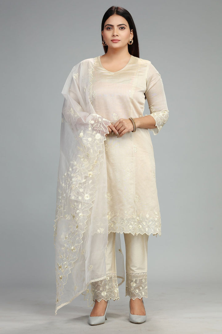 Cream Chanderi Straight Embroidered Kurta Pant Suit Set