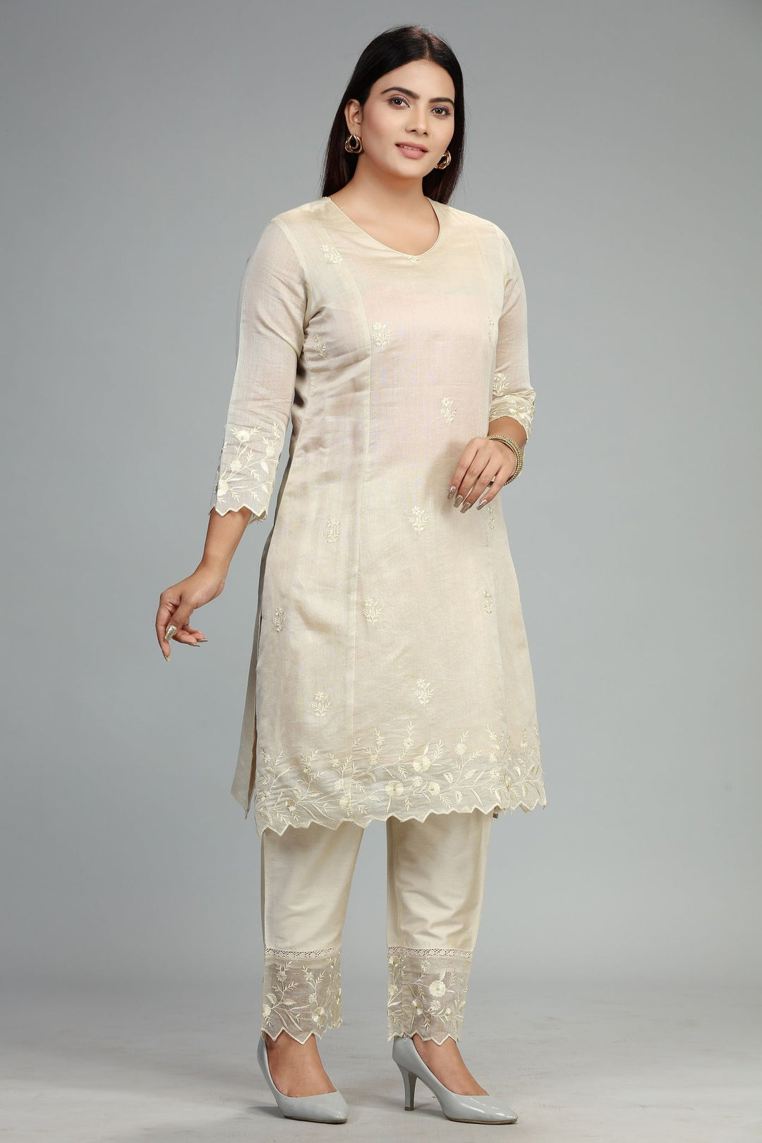 Cream Chanderi Straight Embroidered Kurta Pant Suit Set