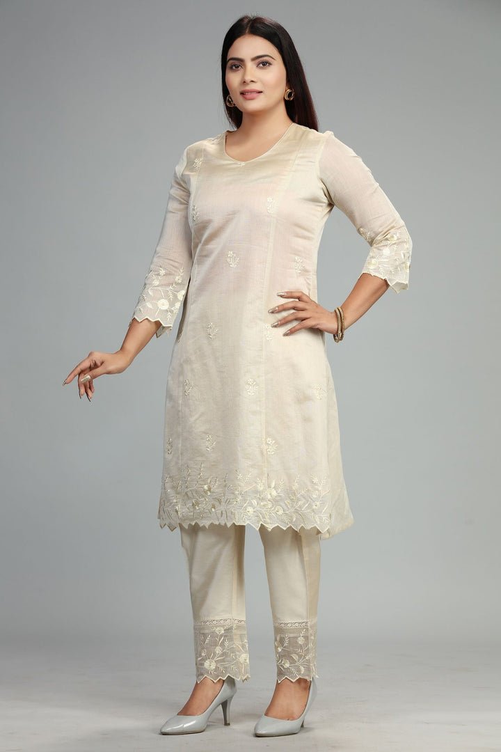 Cream Chanderi Straight Embroidered Kurta Pant Suit Set