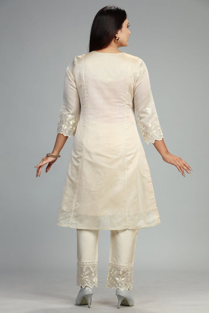 Cream Chanderi Straight Embroidered Kurta Pant Suit Set