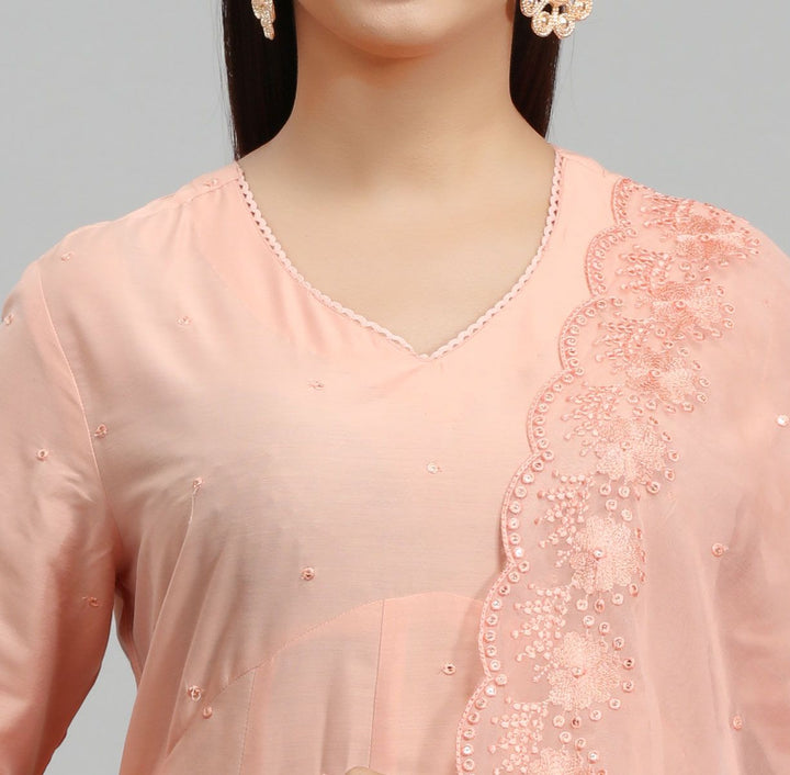 Light Orange Chanderi A-Line Embroidery Suit Set