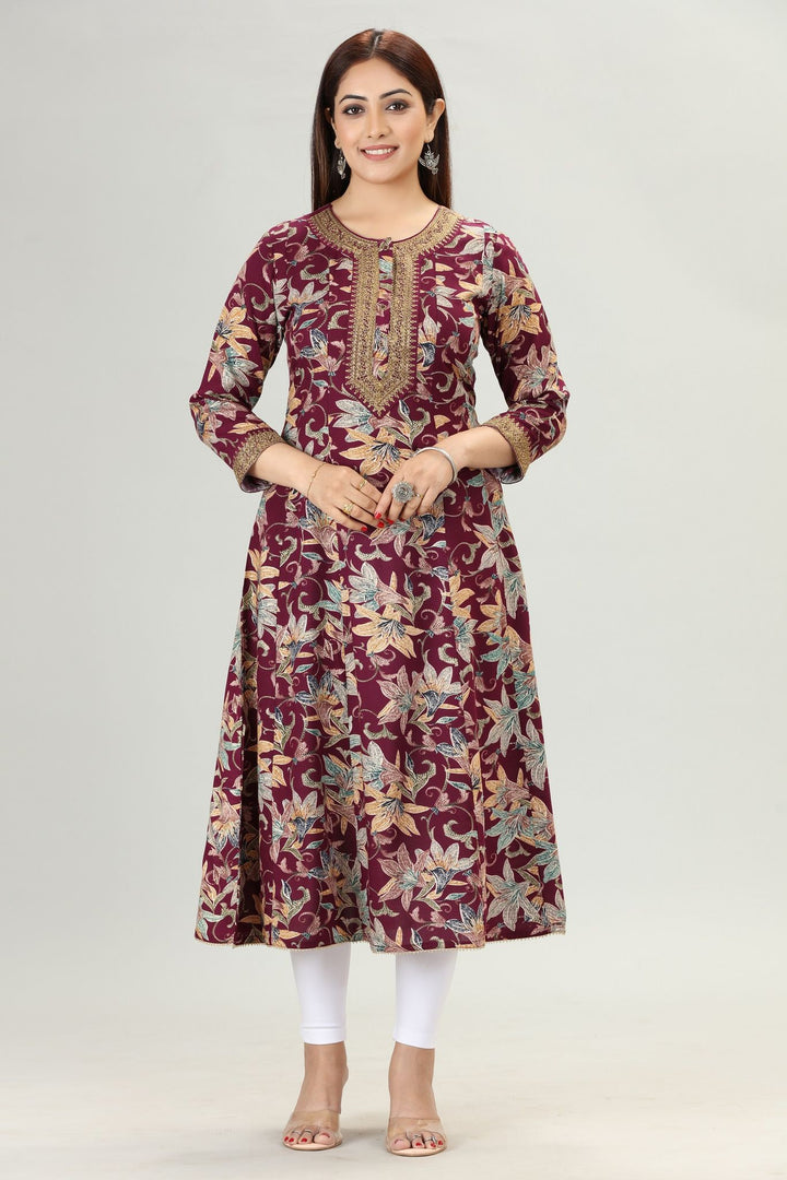 Purple Rayon A Line Embroidered Kurta