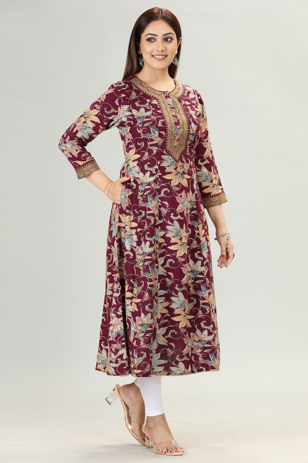 Purple Rayon A Line Embroidered Kurta