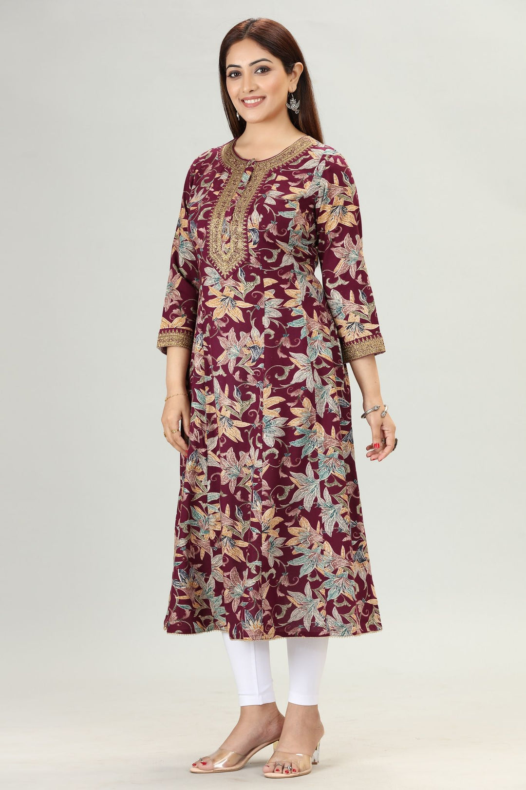 Purple Rayon A Line Embroidered Kurta