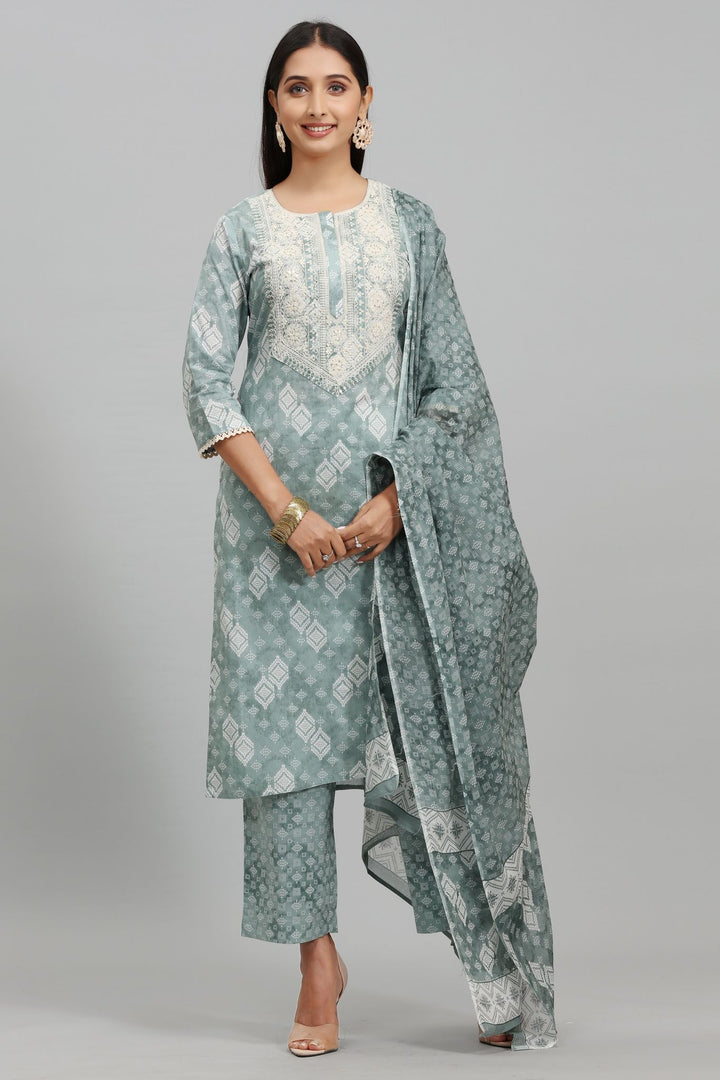 Pastel Green Cotton Straight Embroidered Kurta Pant Suit Set