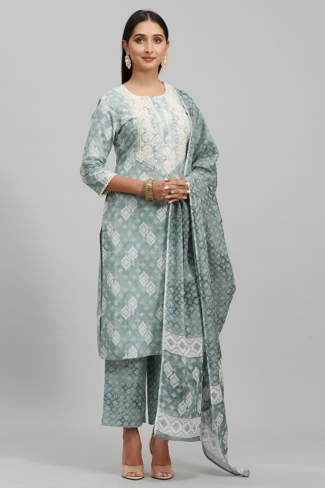 Pastel Green Cotton Straight Embroidered Kurta Pant Suit Set