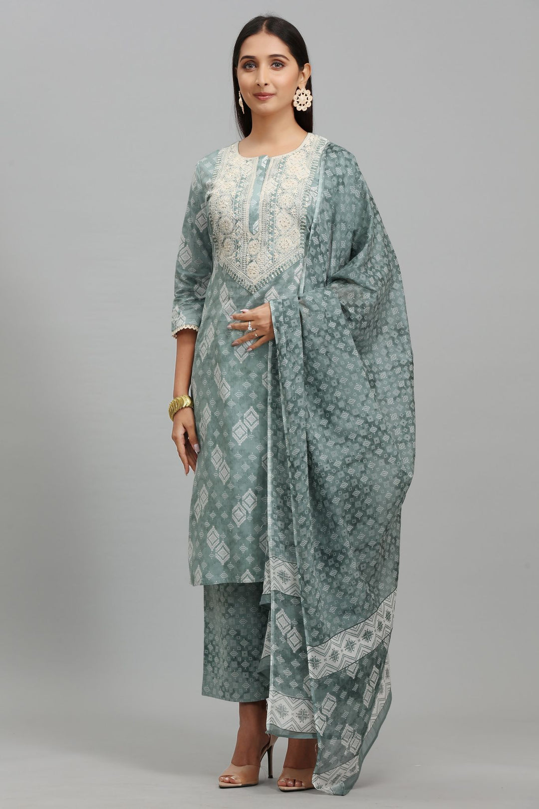 Pastel Green Cotton Straight Embroidered Kurta Pant Suit Set