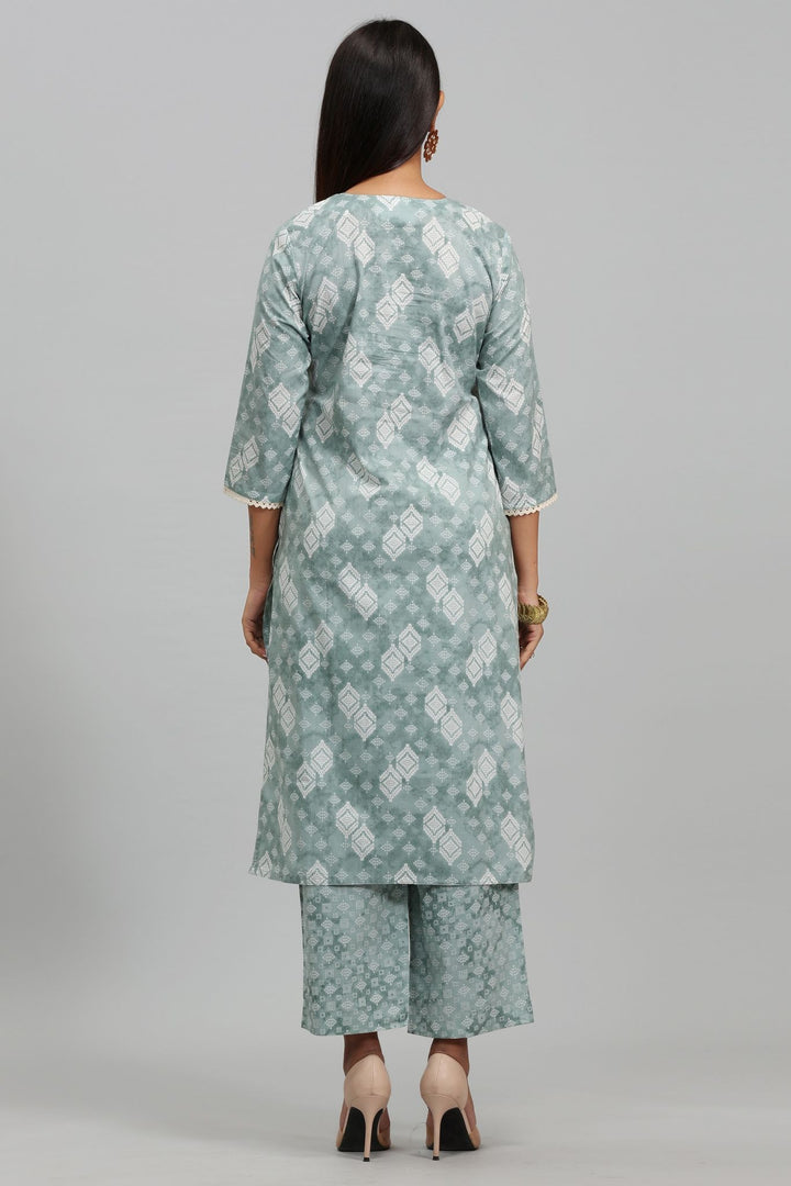 Pastel Green Cotton Straight Embroidered Kurta Pant Suit Set