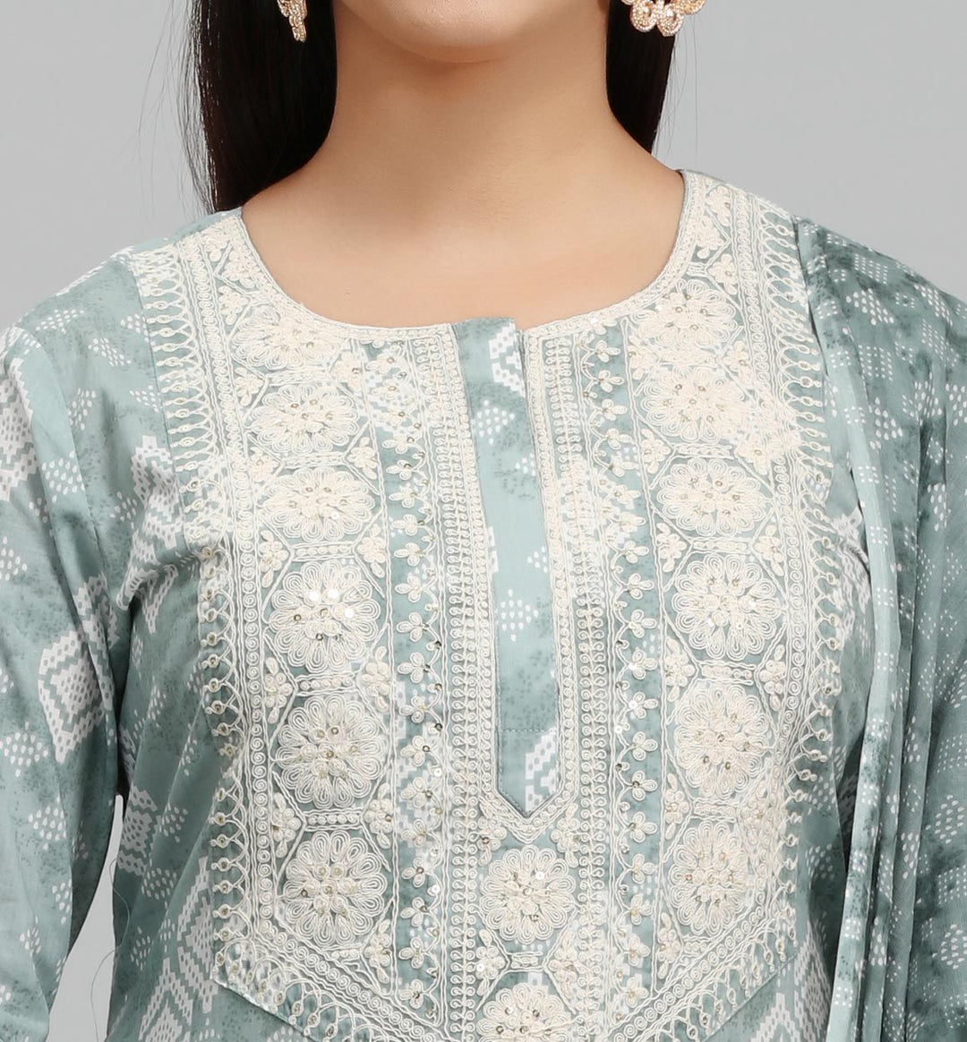 Pastel Green Cotton Straight Embroidered Kurta Pant Suit Set