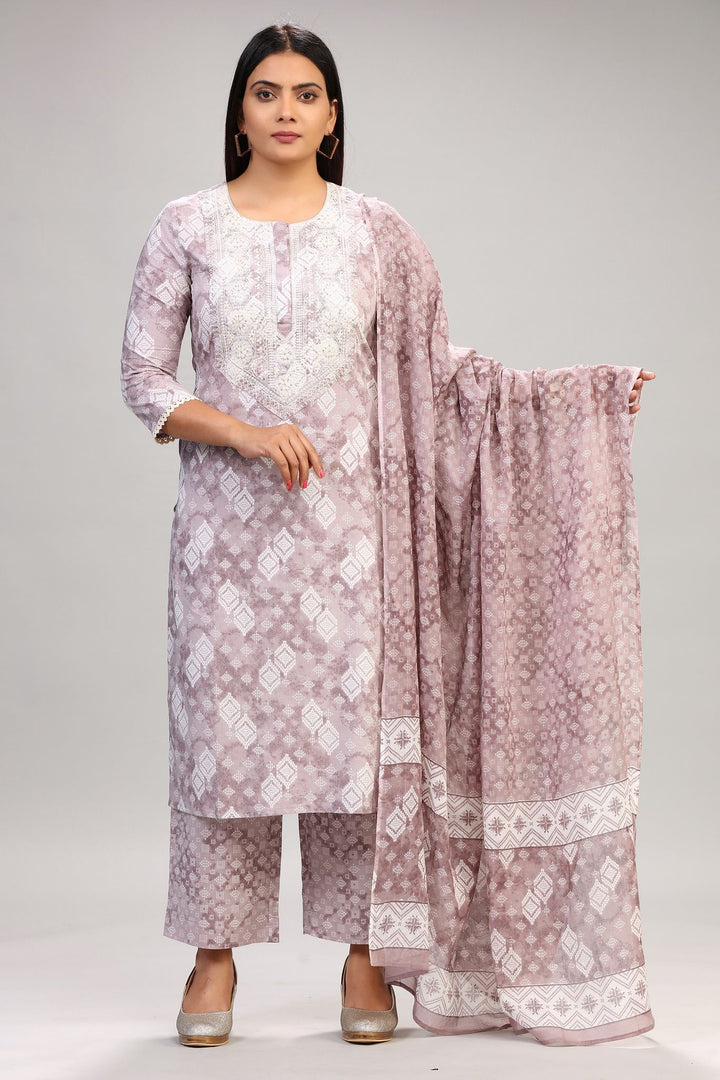 Light Purple Cotton Straight Embroidered Kurta Pant Suit Set