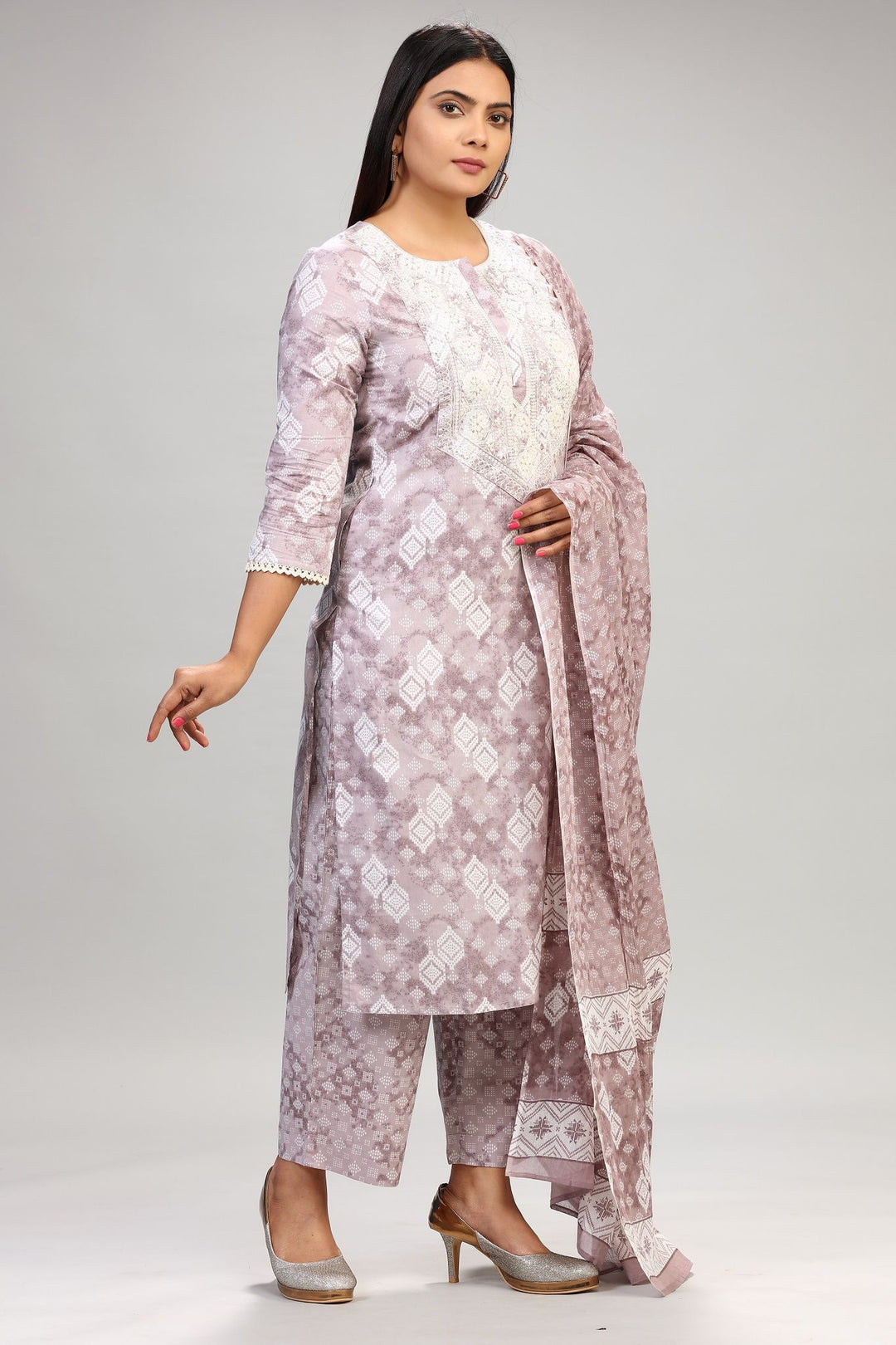 Light Purple Cotton Straight Embroidered Kurta Pant Suit Set