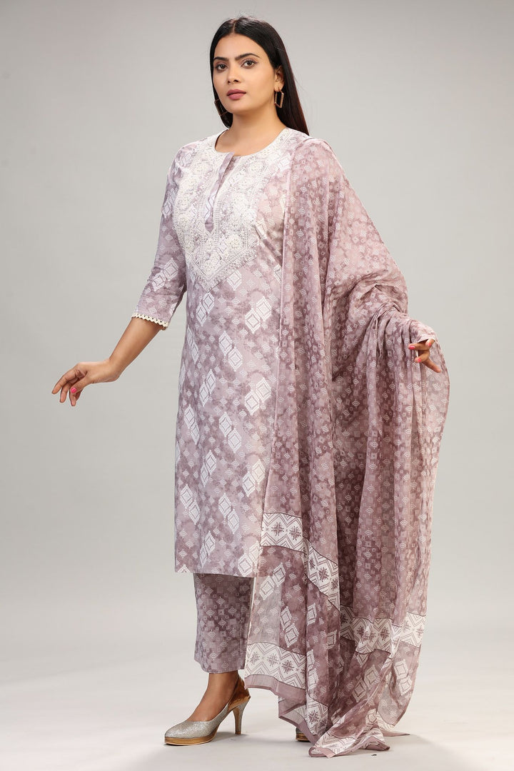 Light Purple Cotton Straight Embroidered Kurta Pant Suit Set