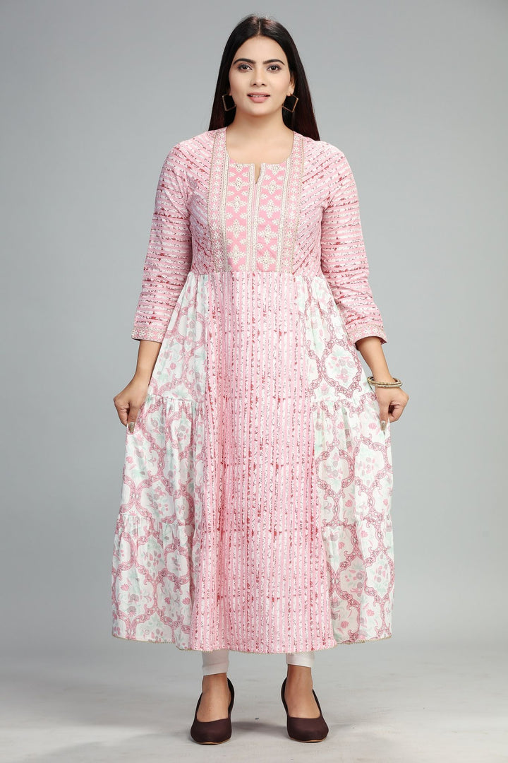 Pink Jaipuri Cotton Kalidar Printed Kurta