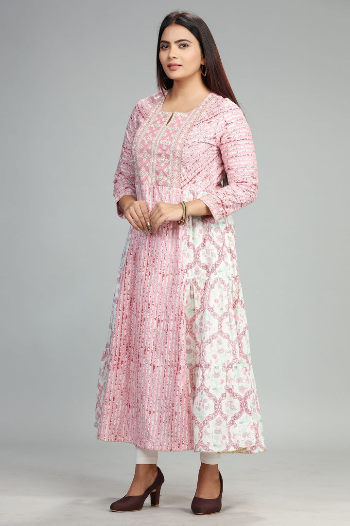 Pink Jaipuri Cotton Kalidar Printed Kurta