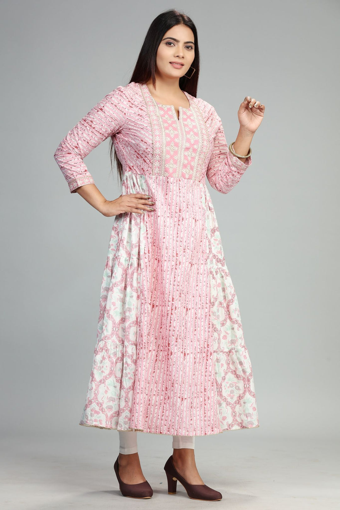 Pink Jaipuri Cotton Kalidar Printed Kurta