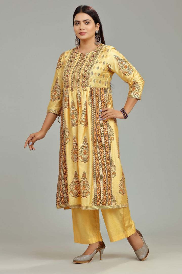 Yellow Soft Silk Embroidered Kurta Pant Co ord Set