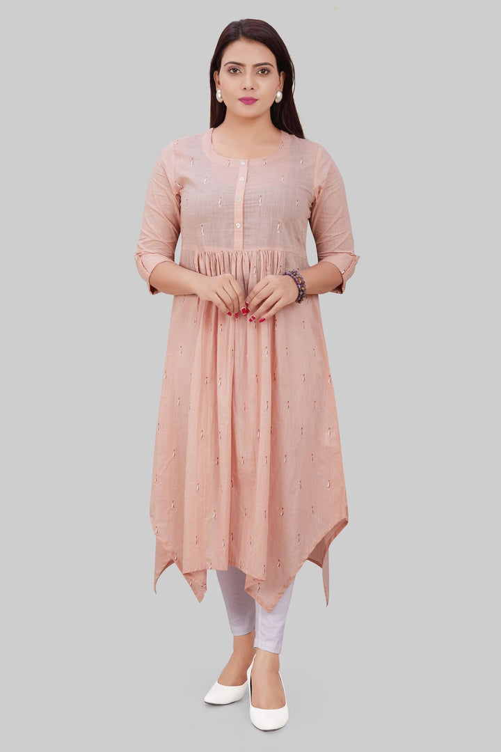 Peach Cotton A Line Gathered Kurta