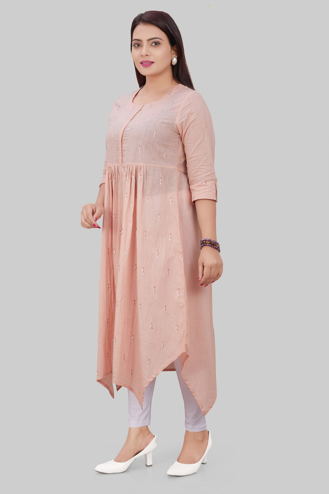 Peach Cotton A Line Gathered Kurta