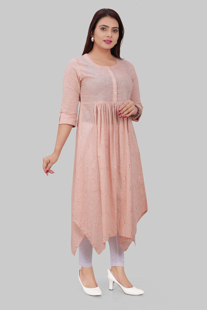 Peach Cotton A Line Gathered Kurta