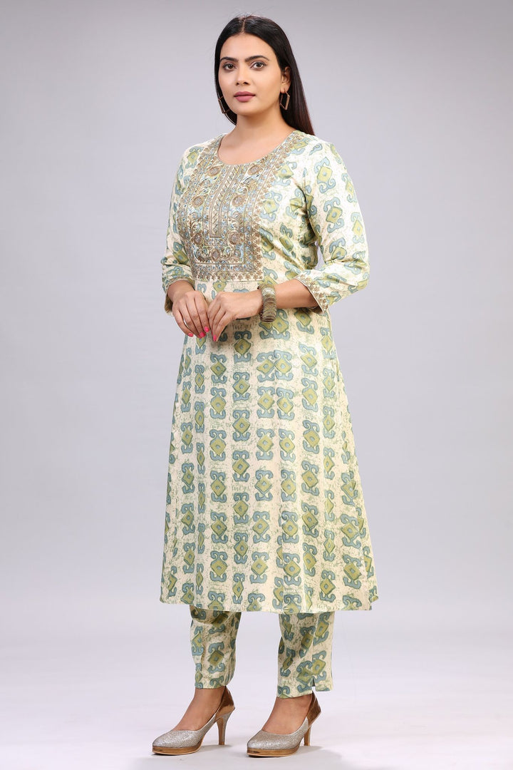 Bhakti Cream & Green Cotton Kurta With Pant Set