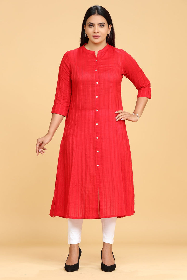 Red Cotton A Line Solid kurta