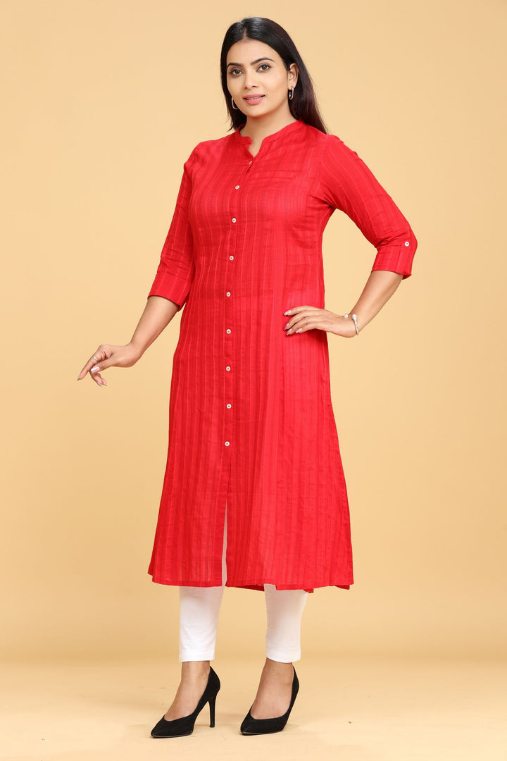 Red Cotton A Line Solid kurta