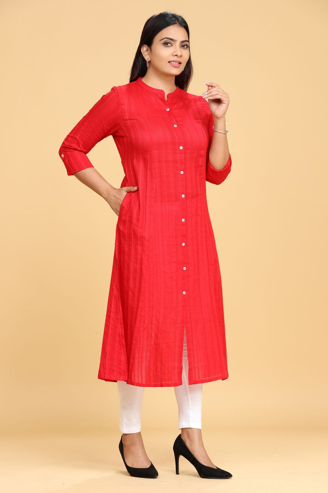 Red Cotton A Line Solid kurta