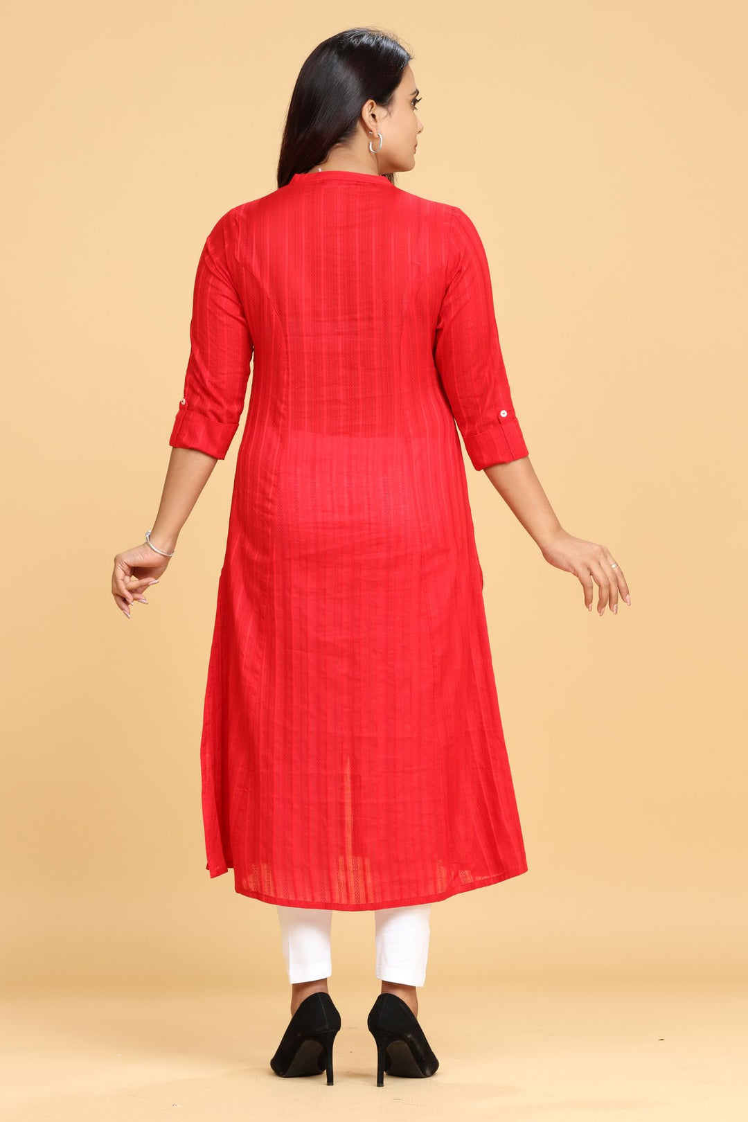 Red Cotton A Line Solid kurta