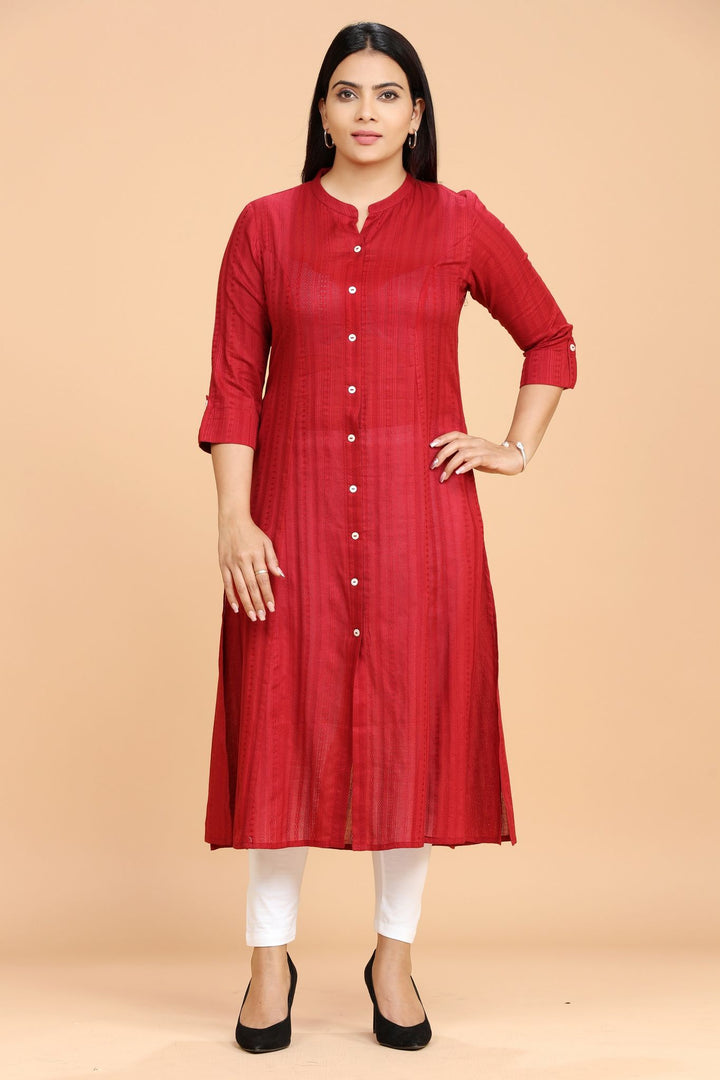 Maroon Textured Cotton A Line Solid Kurta