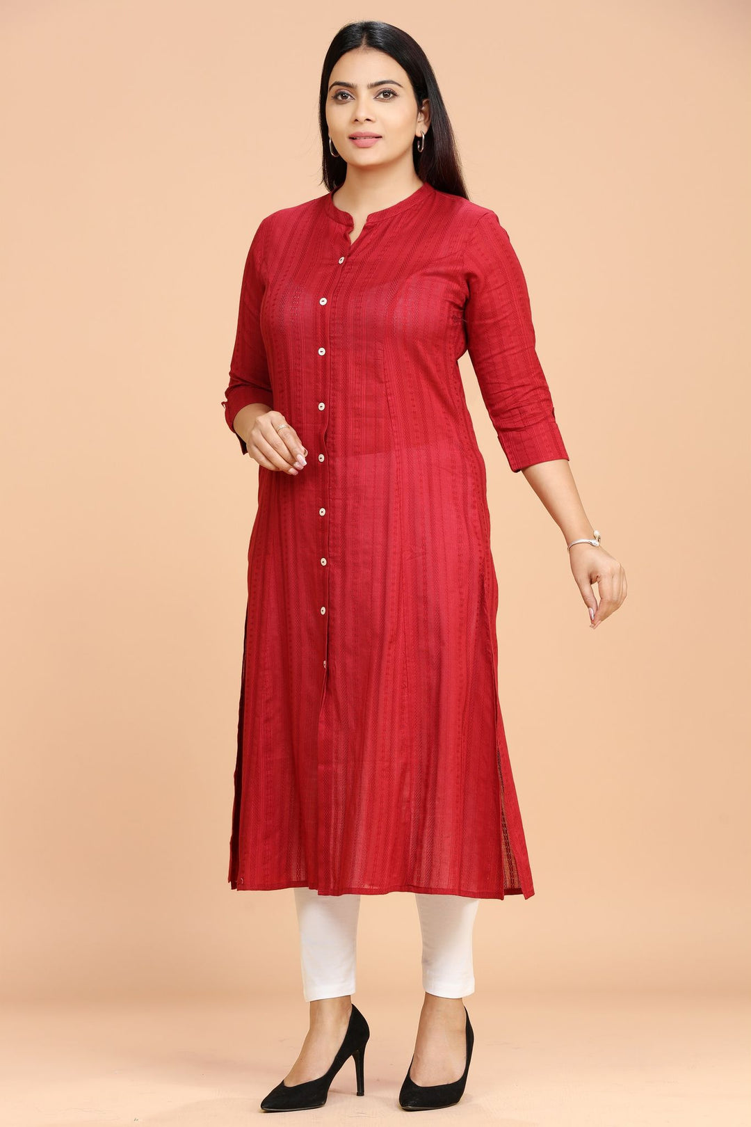 Maroon Textured Cotton A Line Solid Kurta