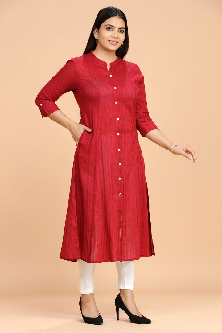 Maroon Textured Cotton A Line Solid Kurta