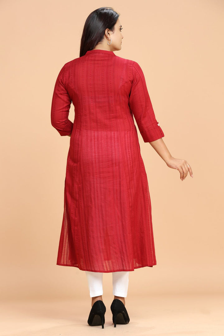 Maroon Textured Cotton A Line Solid Kurta