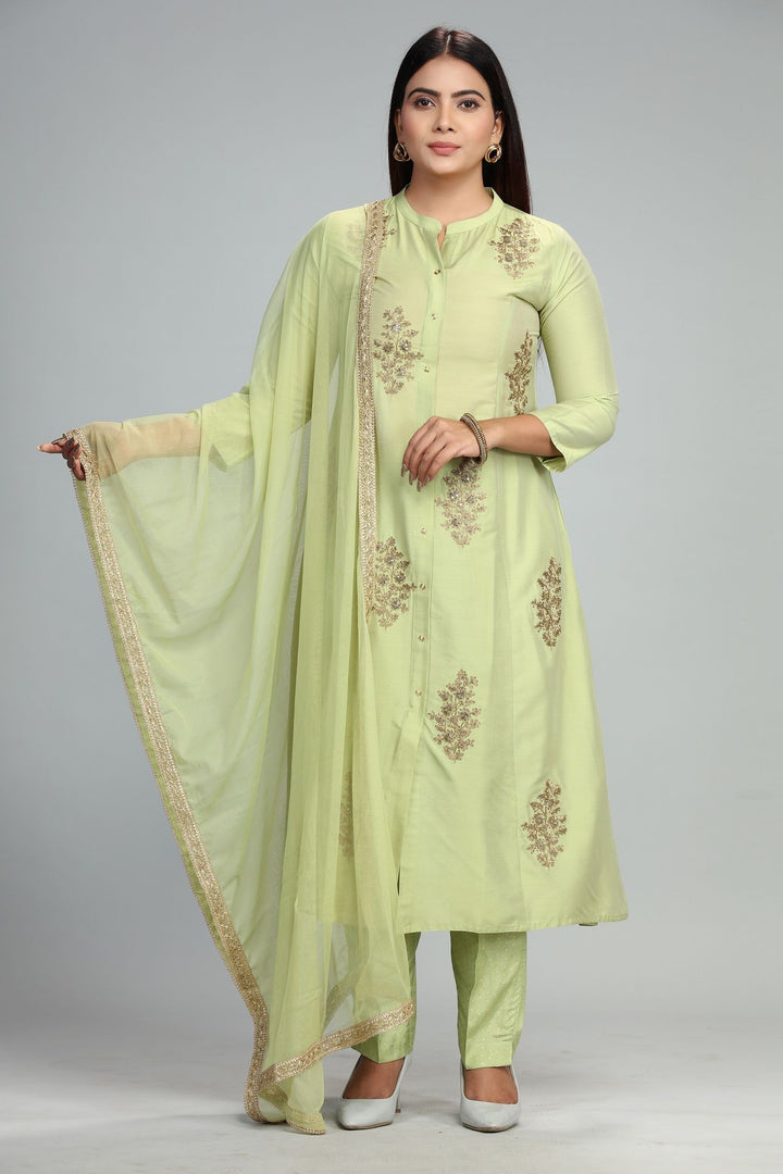 Neon Green Cotton Silk A Line Embroidered Kurta Pant Suit Set