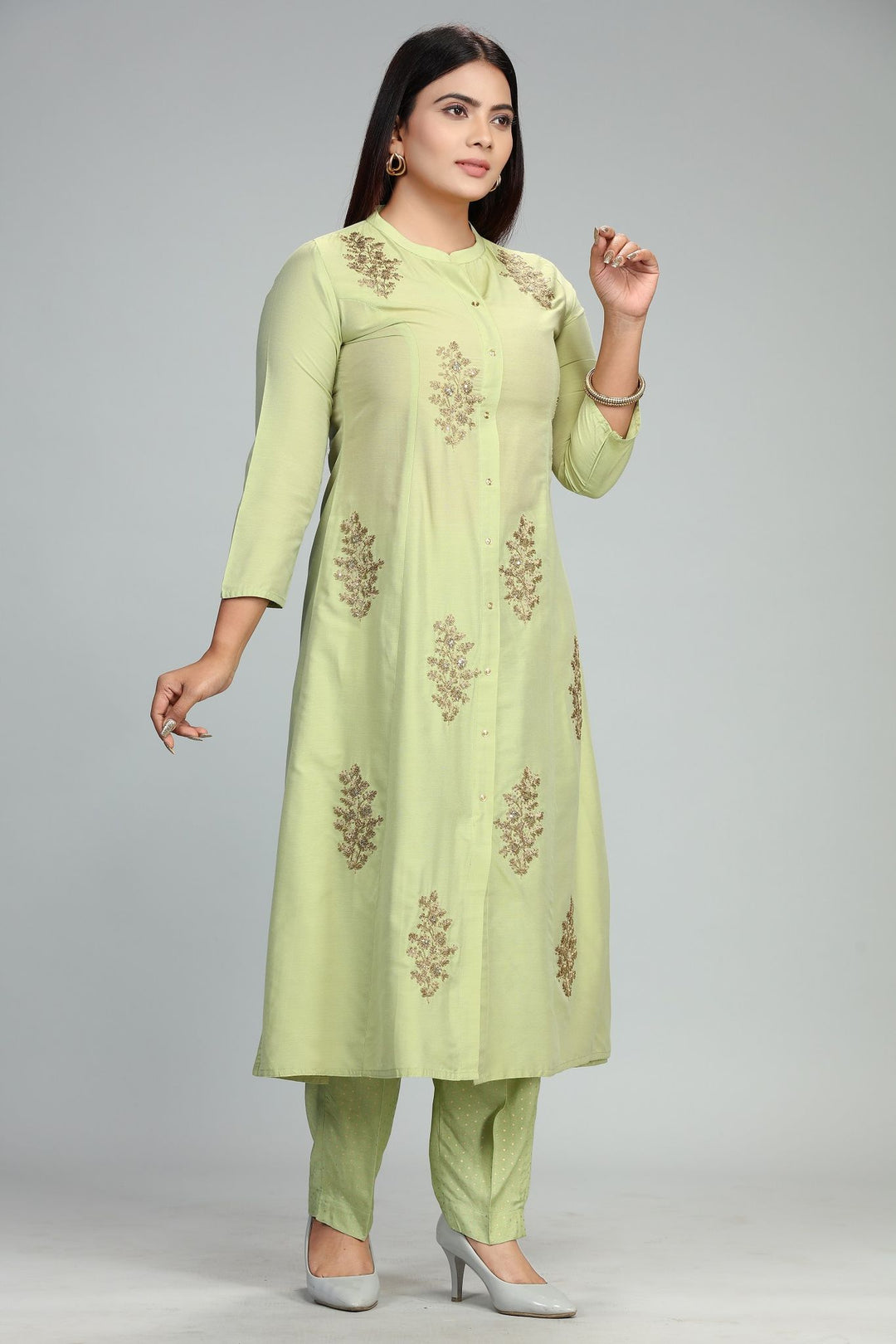 Neon Green Cotton Silk A Line Embroidered Kurta Pant Suit Set