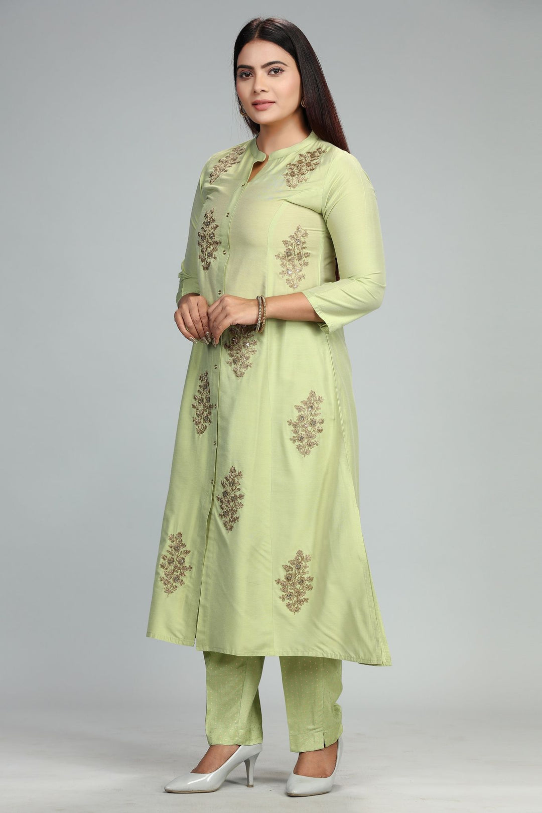 Neon Green Cotton Silk A Line Embroidered Kurta Pant Suit Set