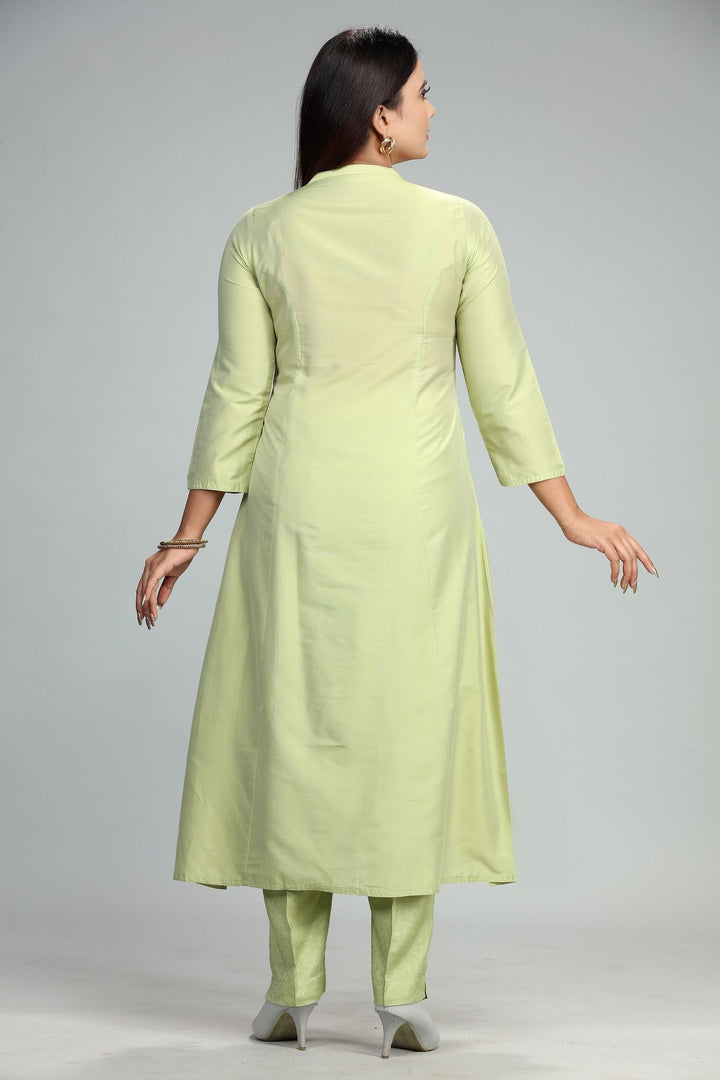 Neon Green Cotton Silk A Line Embroidered Kurta Pant Suit Set