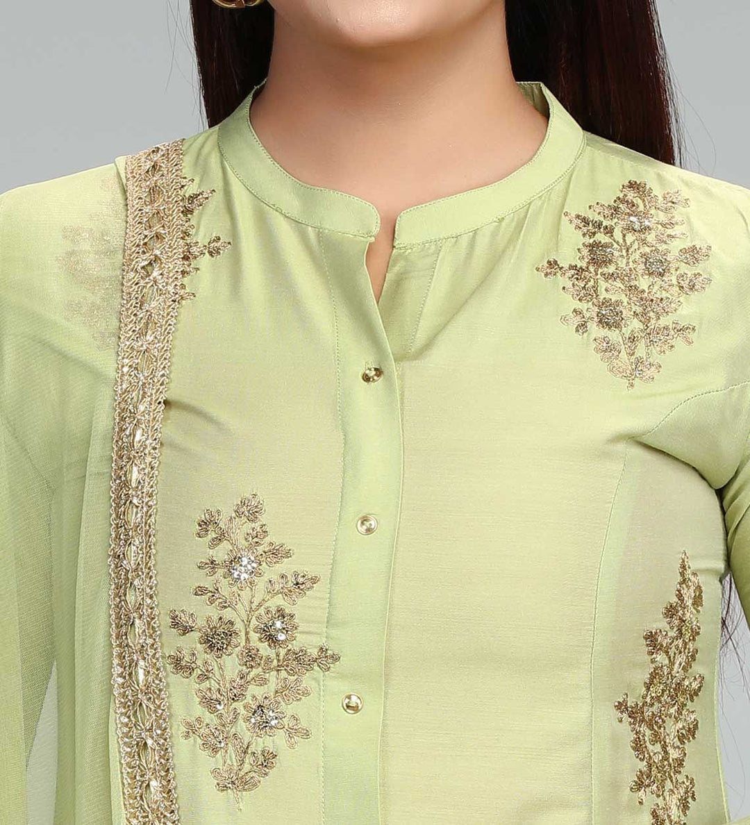 Neon Green Cotton Silk A Line Embroidered Kurta Pant Suit Set