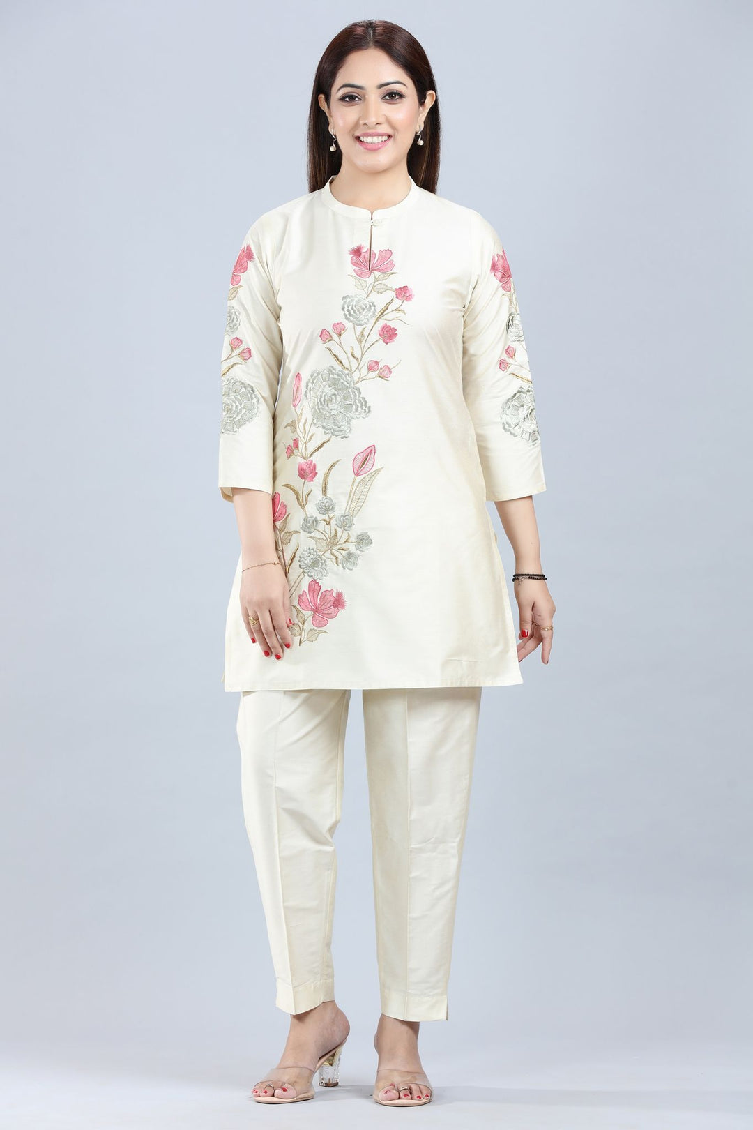 Cream Cotton Silk Straight Kurta Pant Co ord Set for women