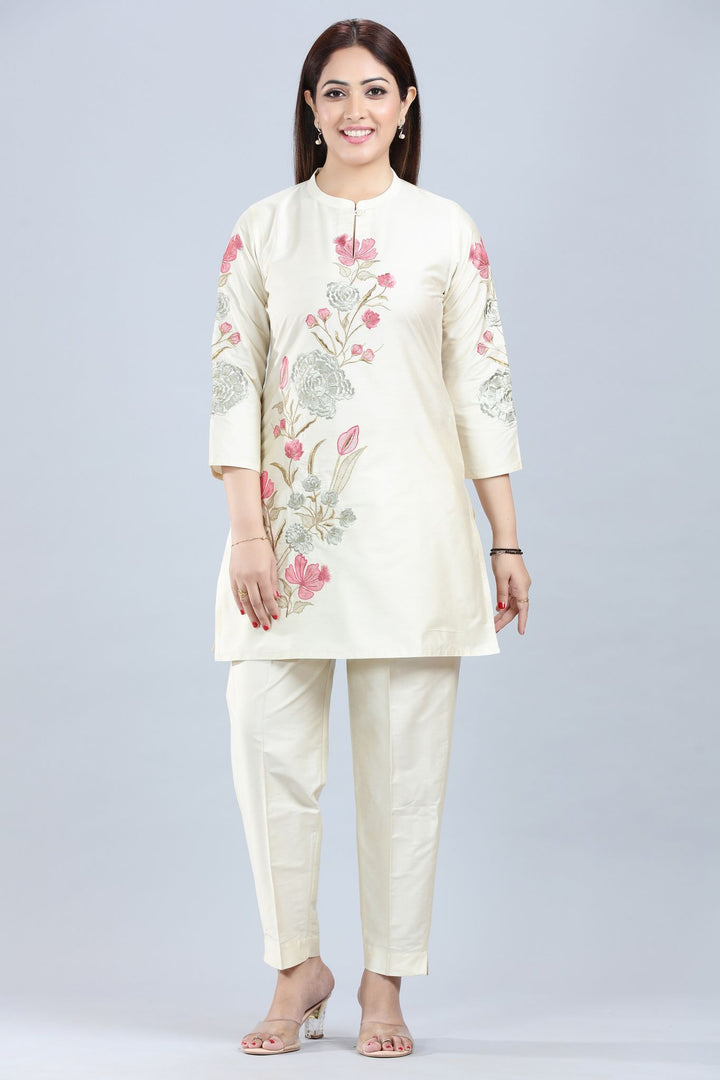 Cream Cotton Silk Straight Kurta Pant Co ord Set