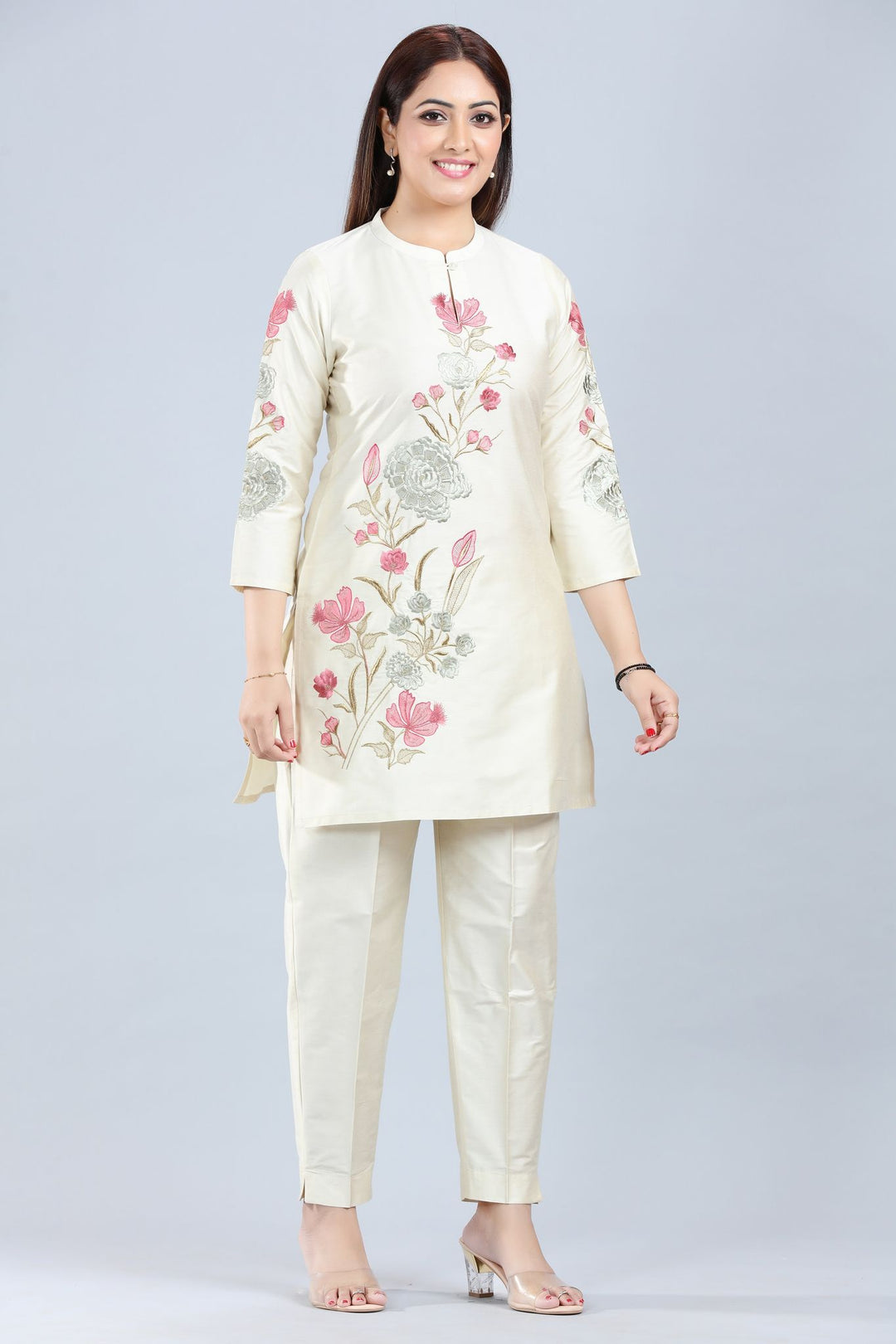 Cream Cotton Silk Straight Kurta Pant Co ord Set for women